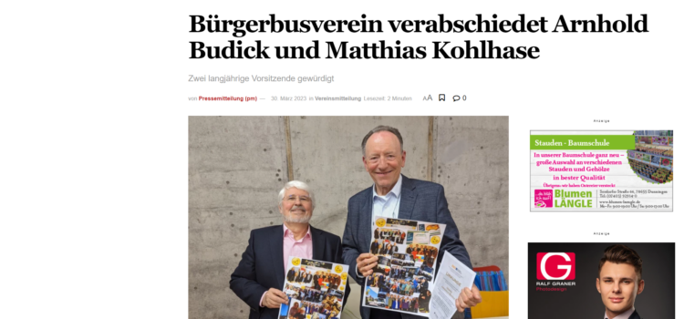 NRWZ Artikel: Bürgerbusverein verabschiedet Arnhold Budick und Matthias Kohlhase